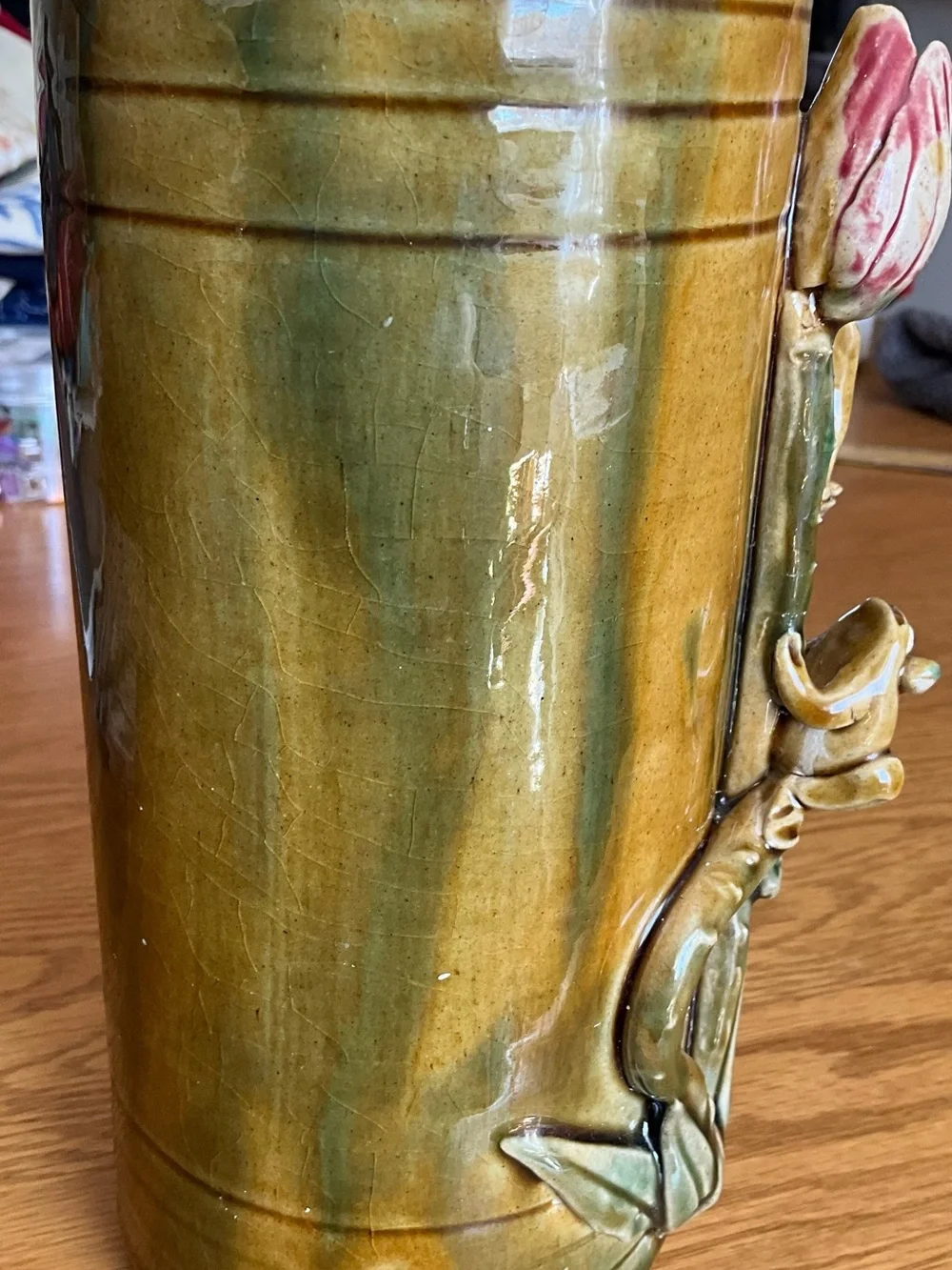 Vintage Art Pottery Majolica Style Vase Bamboo Frogs Lilly Pad Signed 8.5”
